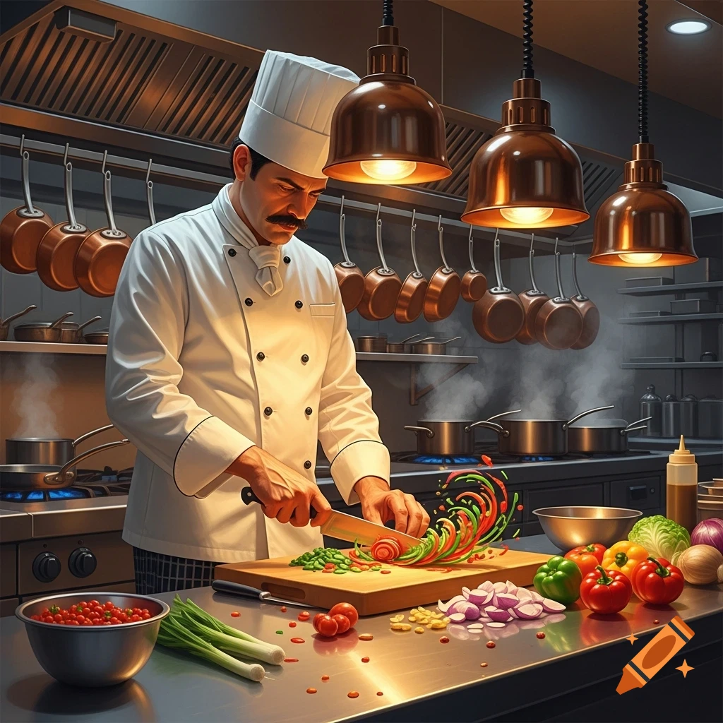 Photorealistic image of a male chef with a mustache, wearing a white uniform, chopping colorful vegetables on a wooden board in a professional kitchen.