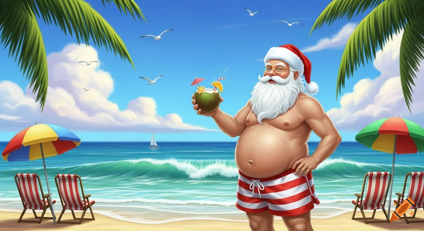 Santa Claus in a red and white striped swimsuit, holding a coconut drink, stands on a sunny beach with palm trees and ocean.