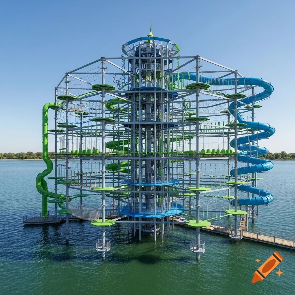 A large, multi-level adventure park with blue and green slides, rope courses, and observation platforms built over a clear blue lake.
