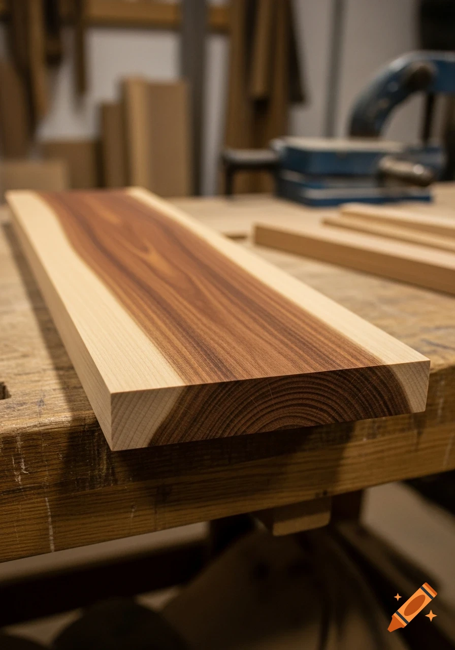 A close-up shot of a long, rectangular piece of wood with a distinct brown and light grain, resting on a wooden workbench in a workshop.