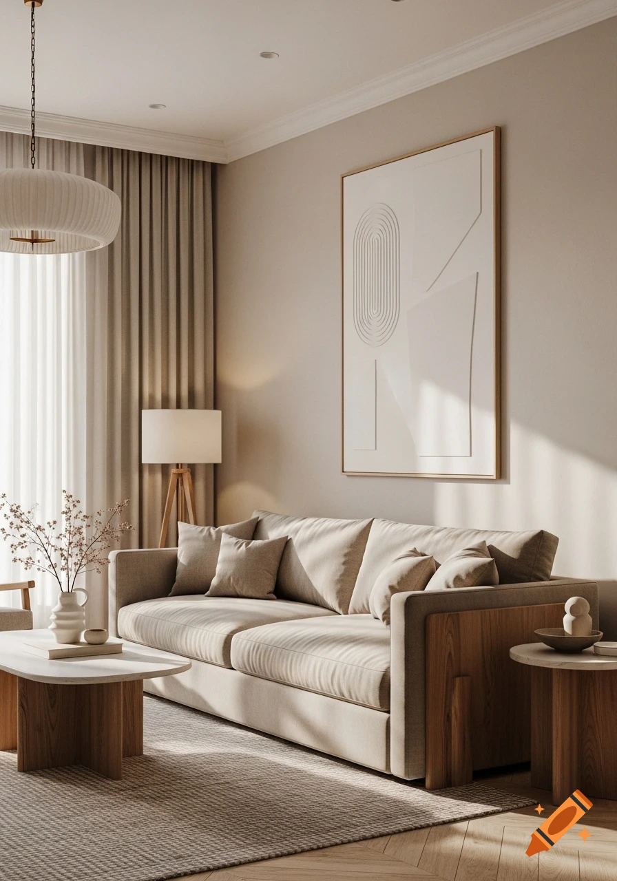 Photorealistic image of a modern living room with a beige sofa, wooden coffee table, and minimalist abstract art, lit by natural morning light.