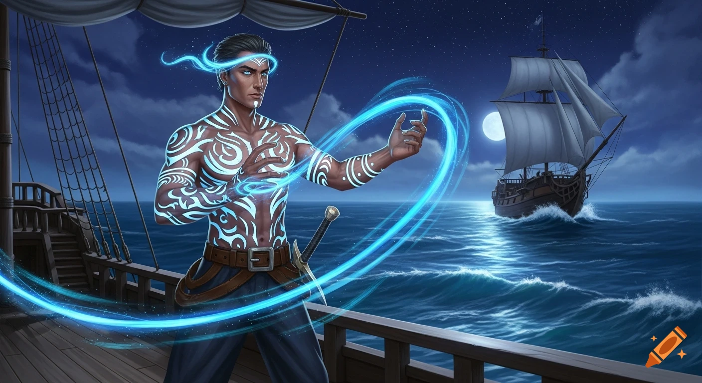 A tan-skinned pirate sorcerer with glowing tattoos casts blue wind magic on a ship at night with a full moon.