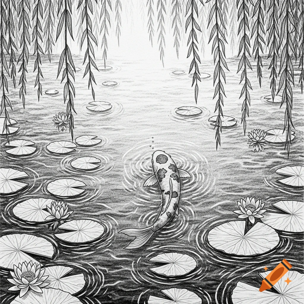 Black and white pencil sketch of a koi fish swimming amidst water lilies and willow branches in a pond.