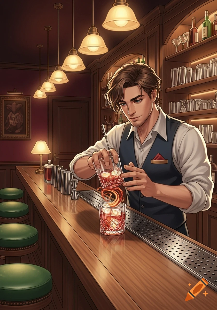 An illustrated male bartender with brown hair, wearing a vest, expertly pours a reddish cocktail in a dimly lit bar.