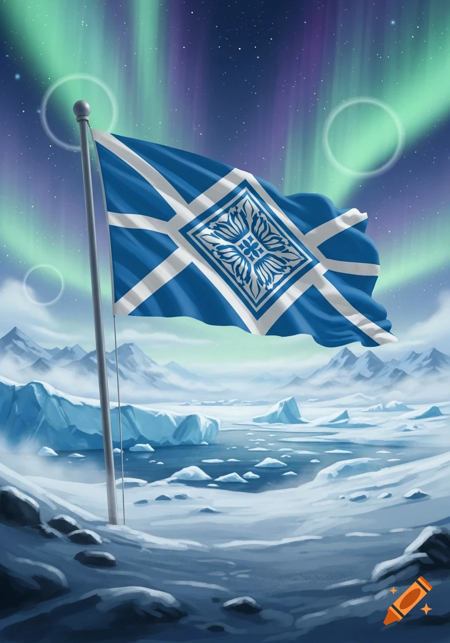 An illustration of a blue flag with a white cross and intricate emblem, waving over a snowy arctic landscape under green and purple aurora.