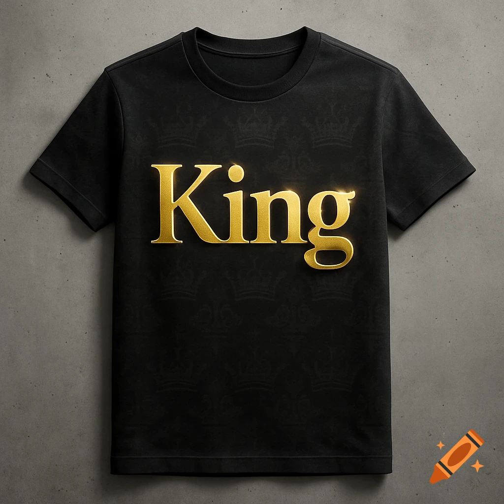 Black t-shirt with metallic gold embossed 'King' text and subtle crown pattern, against a grey concrete background.
