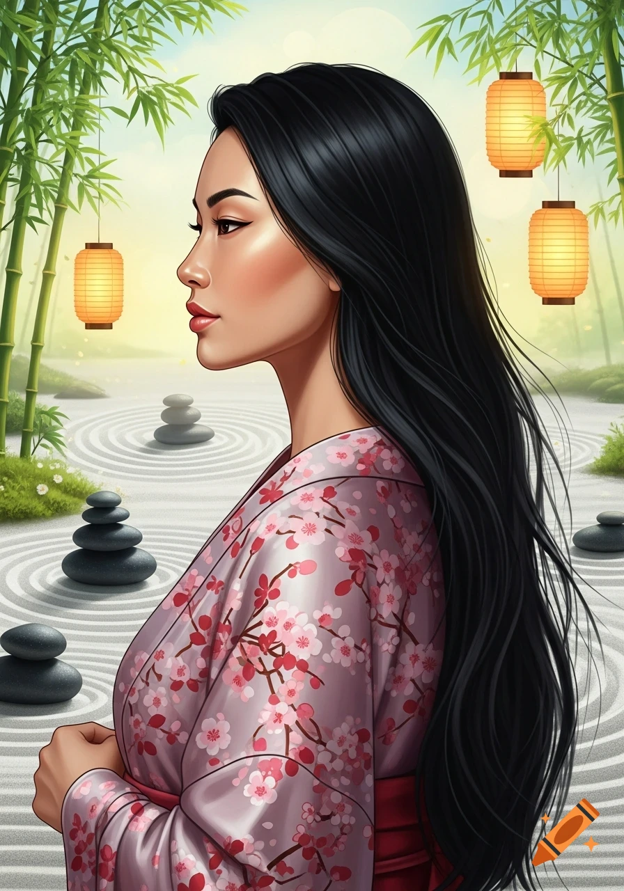 An illustrative portrait of a woman with long black hair wearing a pink kimono in a zen garden with bamboo and lanterns.