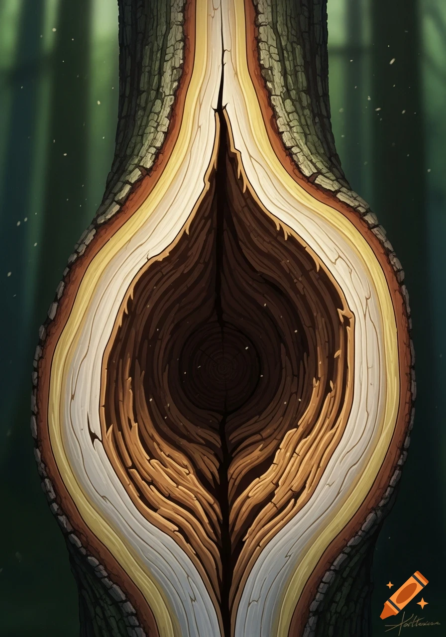 Vertically split tree trunk revealing layered inner rings and textured wood, set against a blurry green forest background in a stylized art style.