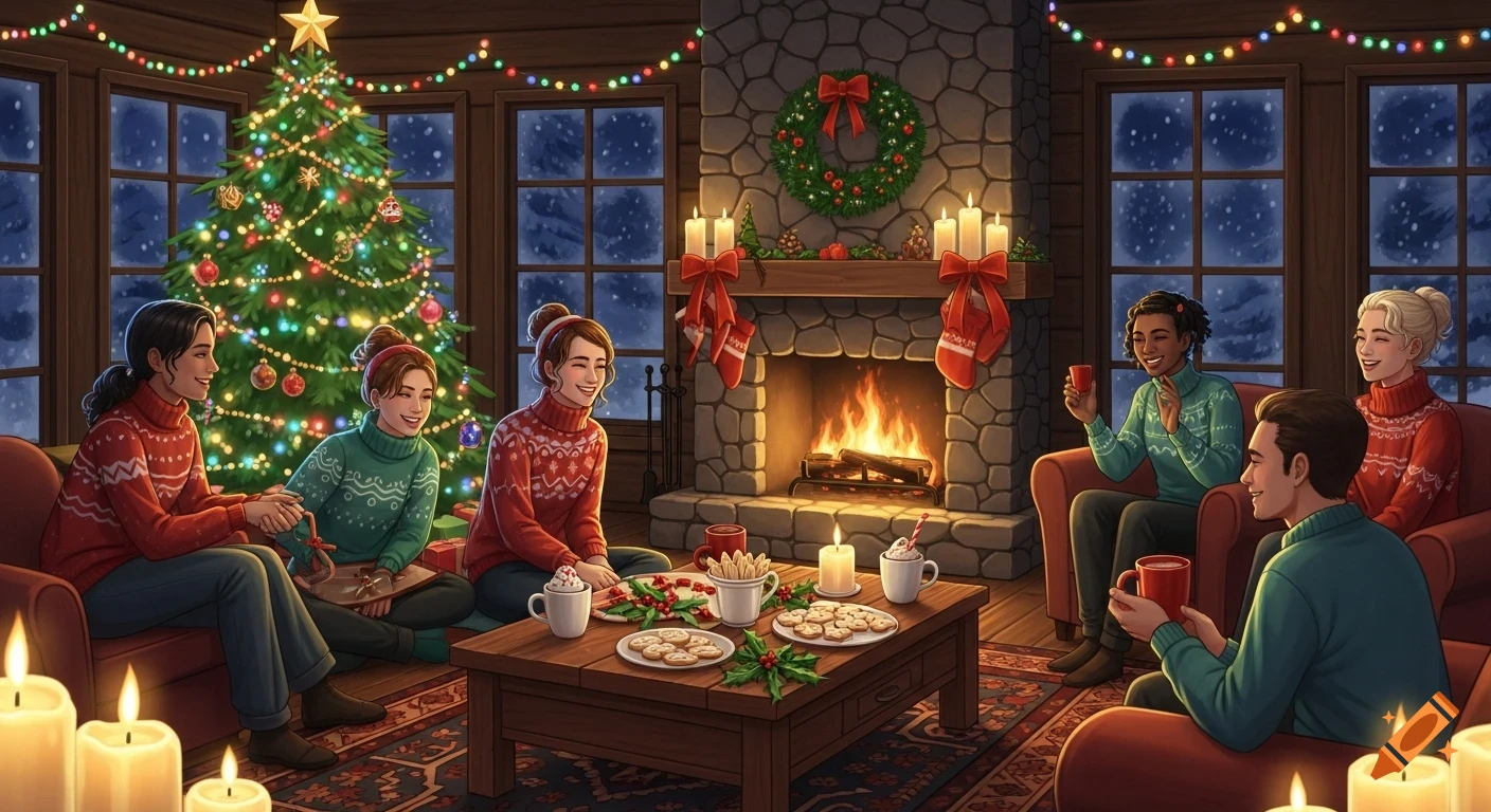 Friends celebrate Christmas in a cozy, decorated room with a tree, fireplace, and festive treats.