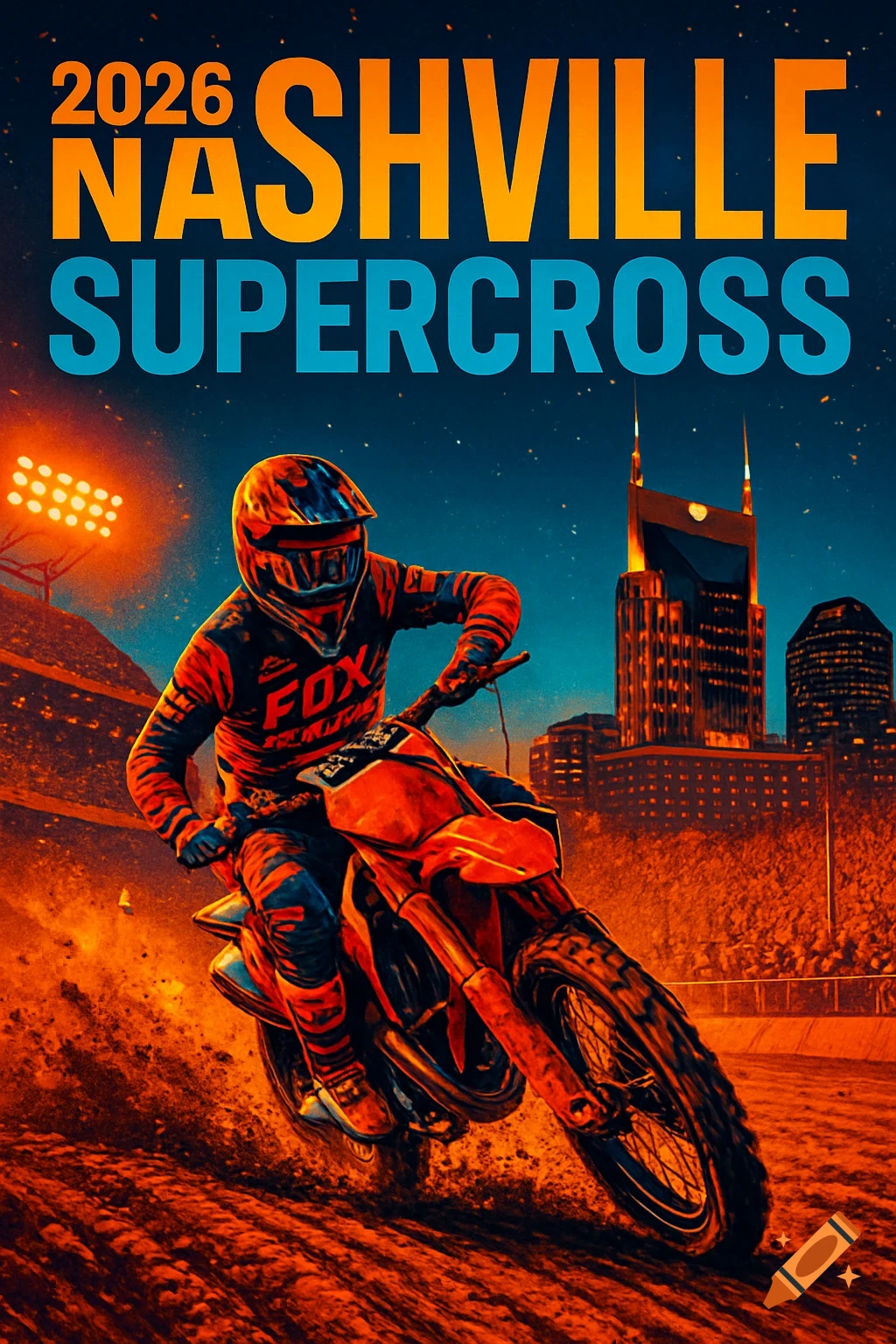 Vibrant art of a motocross rider on a dirt track at night, with '2026 Nashville Supercross' text above a stadium and city skyline.