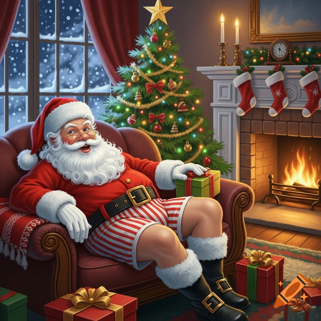 Jolly Santa in red jacket, striped boxers, and boots relaxes in an armchair by a Christmas tree and fireplace with gifts.