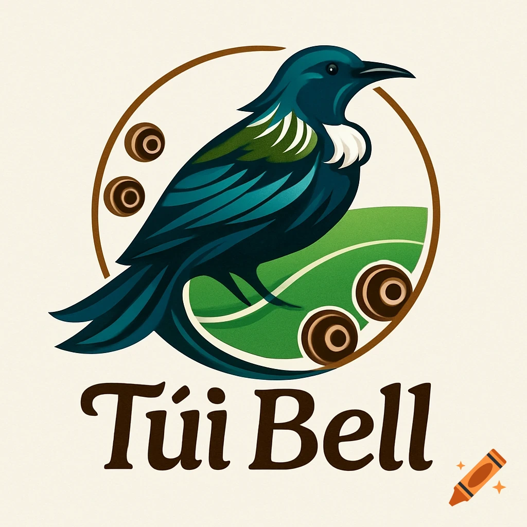 A logo featuring a Tūī bird in teal and green perched on a green field within a brown circle, with brown circles resembling lawn bowls, and the text "Tūī Bell" below.