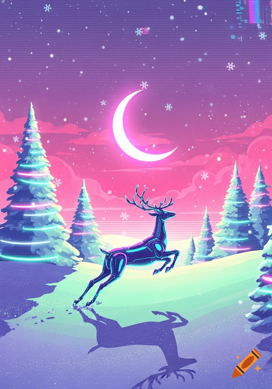 A glowing, stylized deer leaps across a snowy vaporwave landscape with neon Christmas trees, a bright crescent moon, and falling snowflakes.