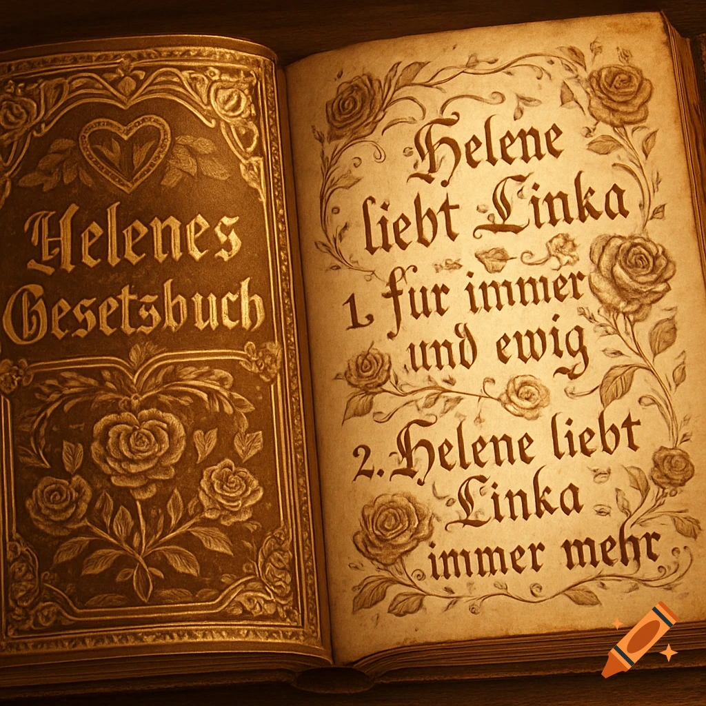 An open ornate vintage book, with a gold embossed cover on the left and calligraphic German text on the right page.