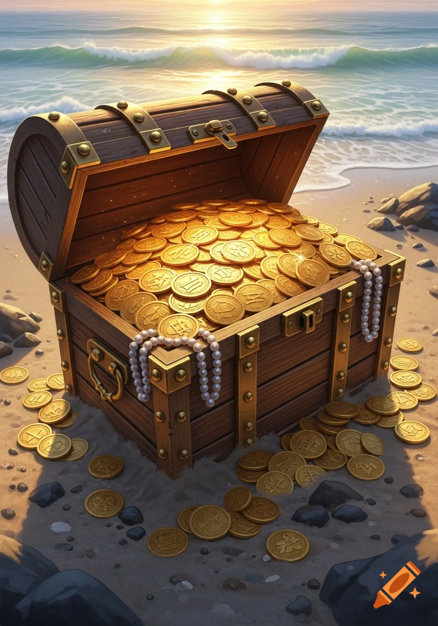 An open wooden treasure chest overflowing with gold coins and pearl necklaces, sitting on a sandy beach at sunset.