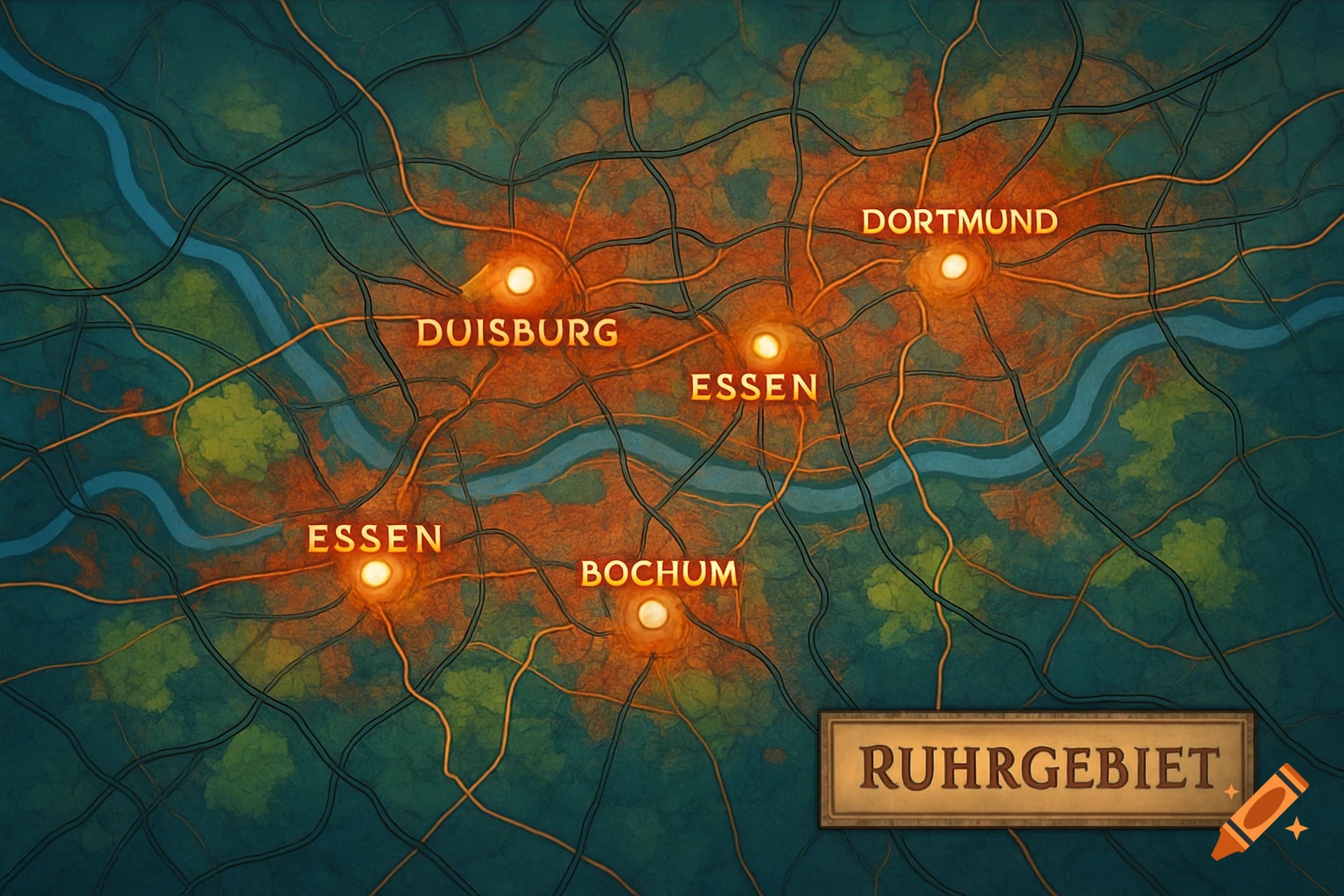 A stylized map of Germany's Ruhrgebiet region, featuring highlighted cities like Duisburg, Essen, Bochum, and Dortmund, with rivers and roads.