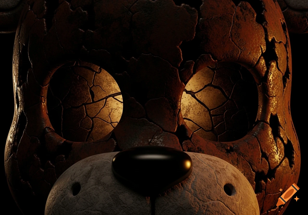 A menacing, cracked brown animatronic bear mask with glowing orange eyes and a shiny black nose, seen from a first-person view.