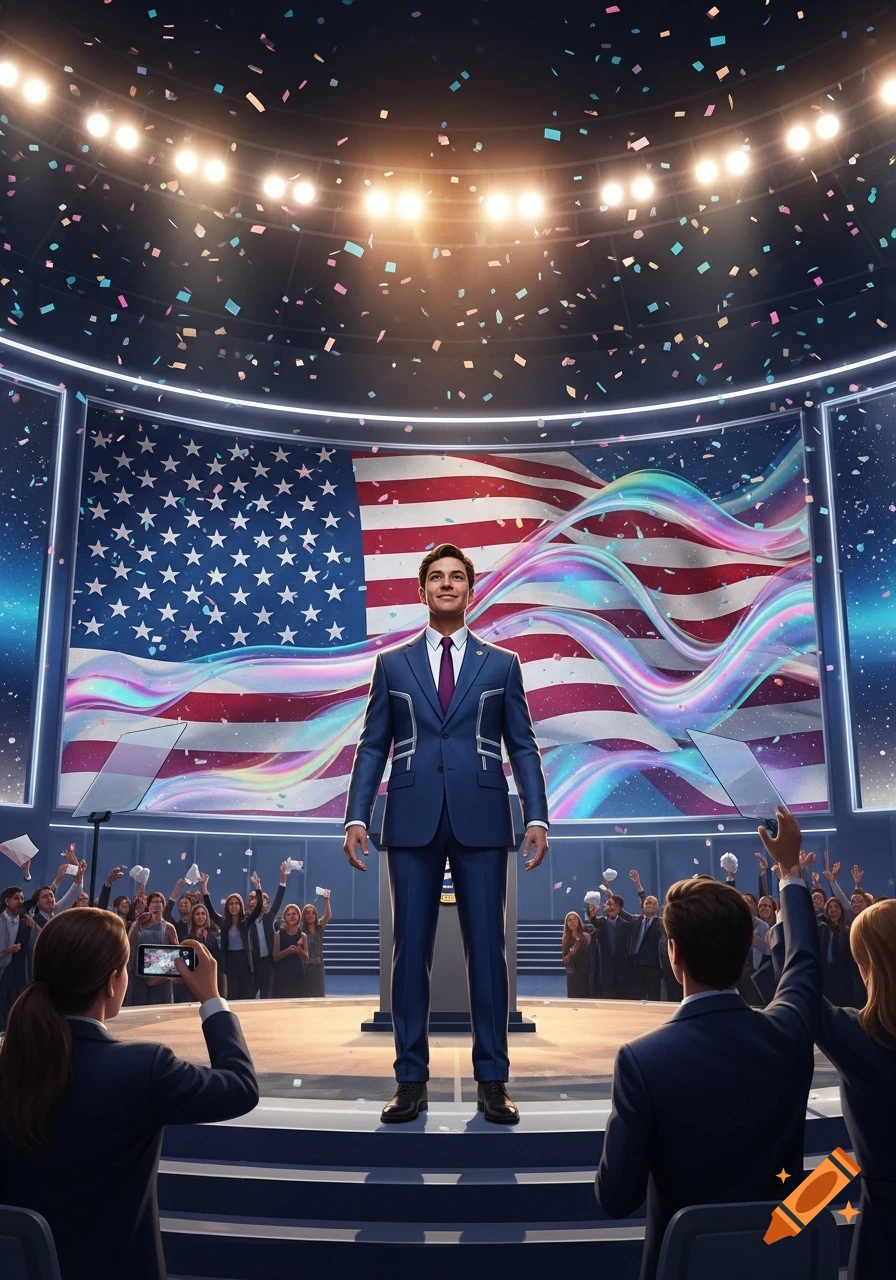 A man in a blue suit stands on a stage addressing a cheering crowd, with a large American flag and confetti in the background.