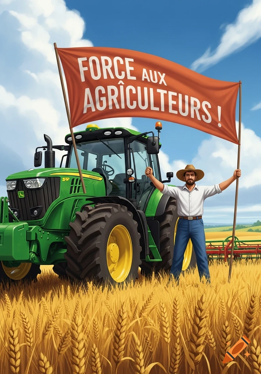 Illustration of a farmer holding a red flag with 'FORCE AUX AGRICULTEURS !' next to a green tractor in a golden wheat field.