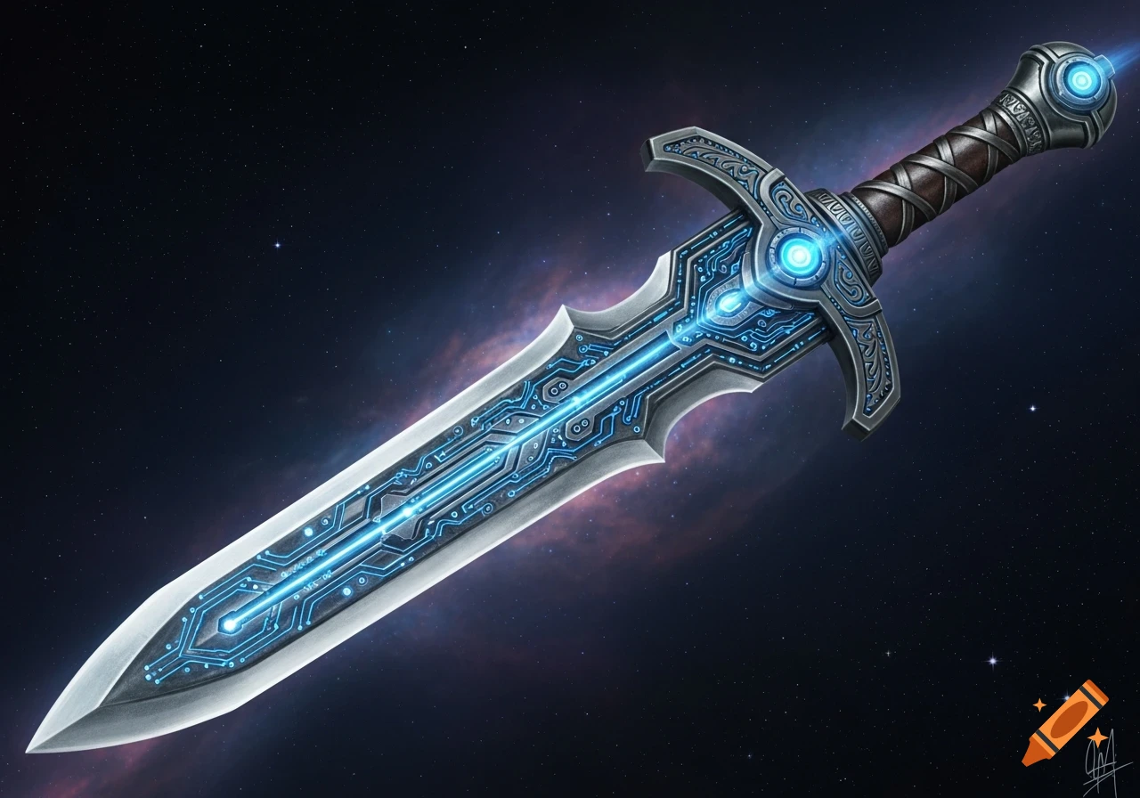 A glowing blue sci-fi sword with circuit patterns on its blade and hilt, set against a dark starry space background.