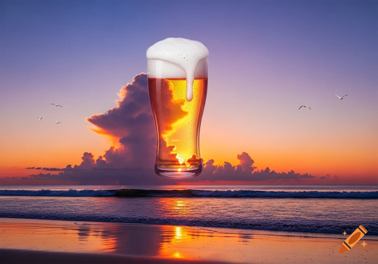 A photorealistic image of a foamy beer glass floating above a vibrant beach sunset with an ocean and reflections on wet sand.
