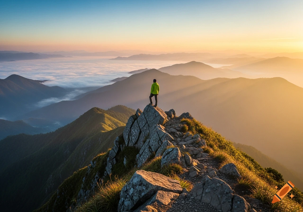 A person stands on a rocky mountain peak overlooking a foggy valley and distant mountains bathed in golden sunrise light.