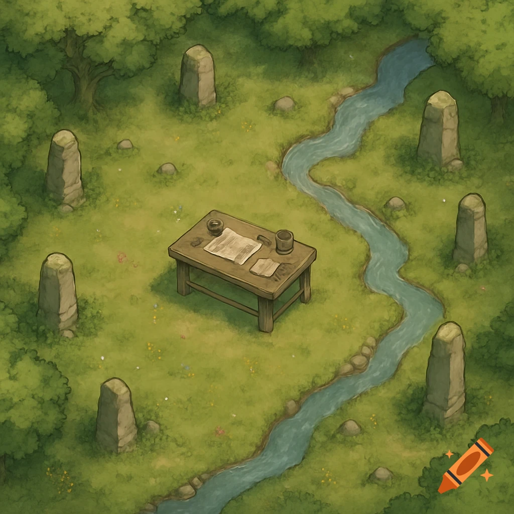 Top-down isometric fantasy RPG map of a forest clearing with a winding river, ancient stone monoliths, and a wooden table with papers.