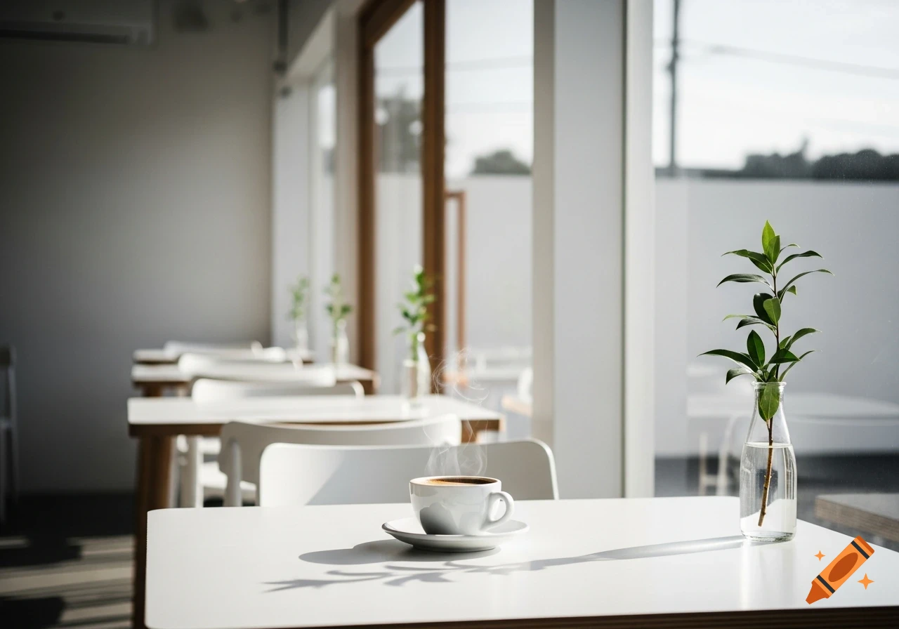 Steaming coffee cup and a small plant on a white table in a minimalist cafe, illuminated by sunlight.
