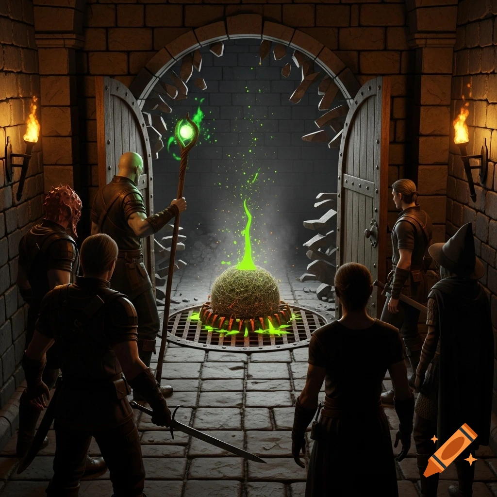 Adventurers gather in a stone dungeon, observing a glowing green magical trap beyond an open doorway.