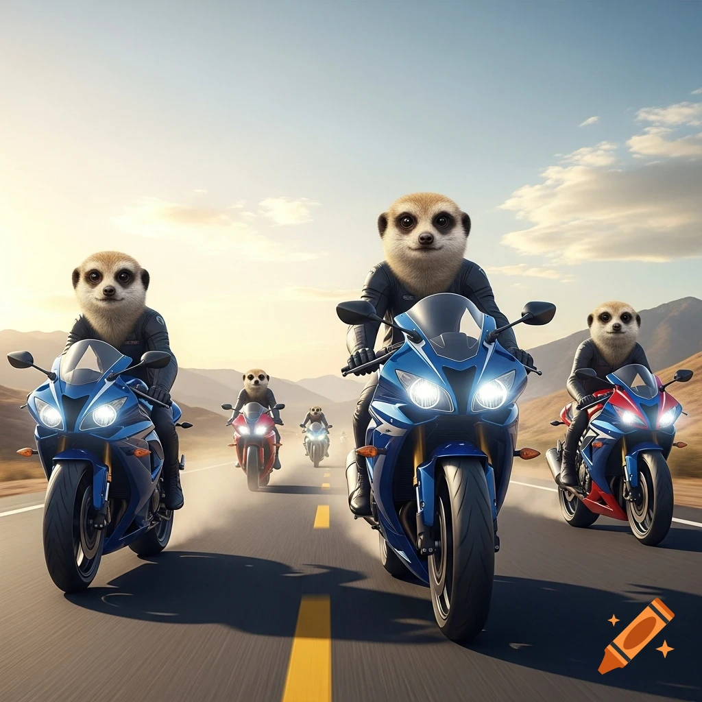 A group of meerkats dressed as bikers ride blue and red motorcycles down a desert highway at sunset.