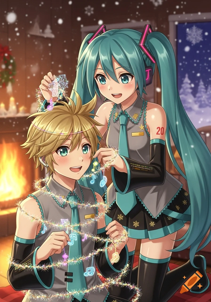 Hatsune Miku decorates Kagamine Len with festive musical note lights in a cozy Christmas setting with a fireplace and snowy window.