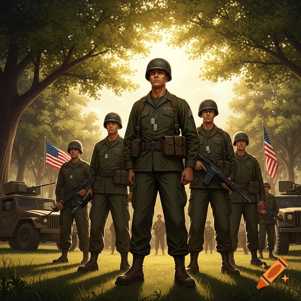 US Army soldiers in green uniforms stand at attention in a sunny, grassy field with trees, military vehicles, and American flags.