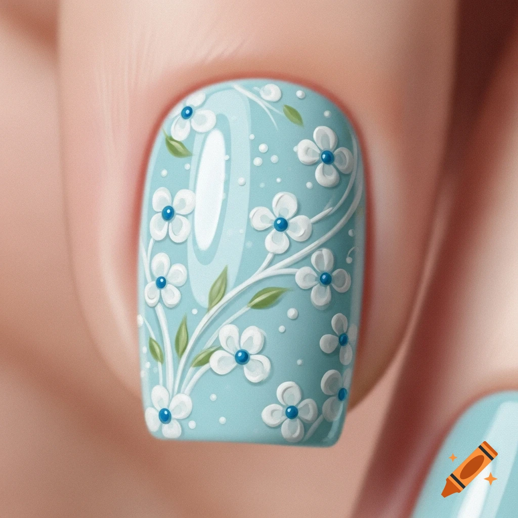 Close-up of a light blue fingernail with white floral nail art and blue centers.