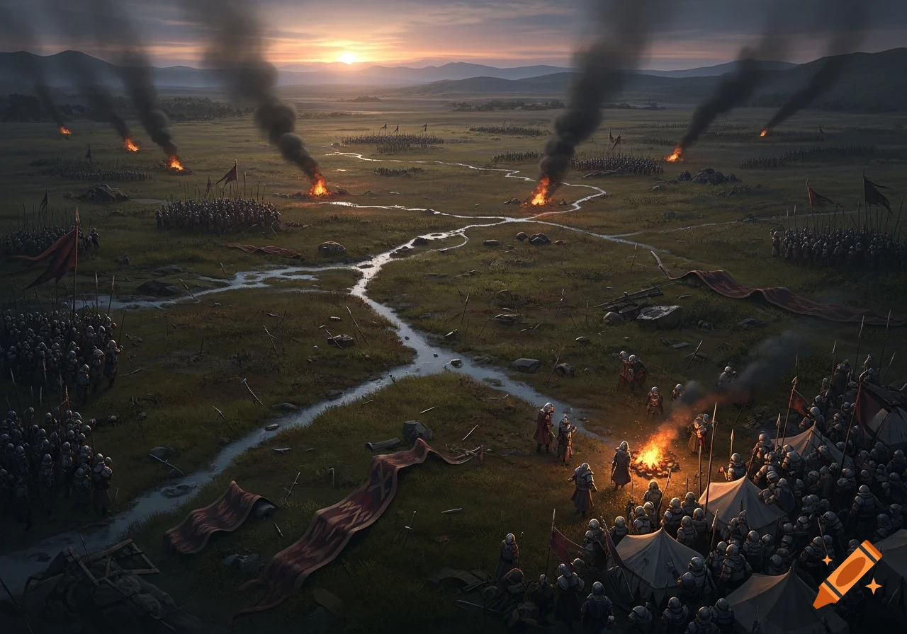 Top-down view of a massive battle on a grassy field at dusk, with armies clashing, fires burning, and smoke rising.
