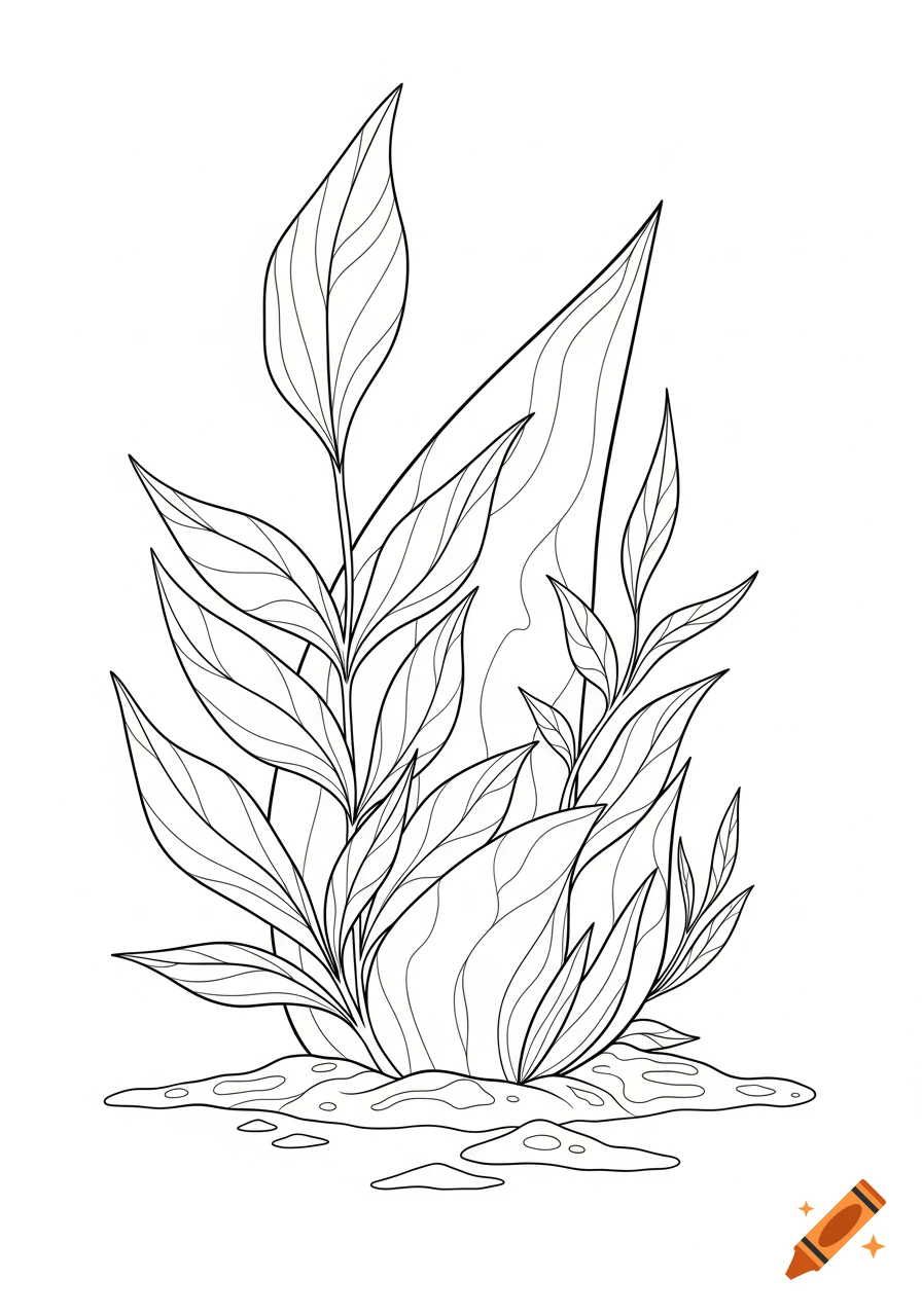 Black and white line art drawing of a cluster of leafy plants growing from the ground, styled as a coloring book page.
