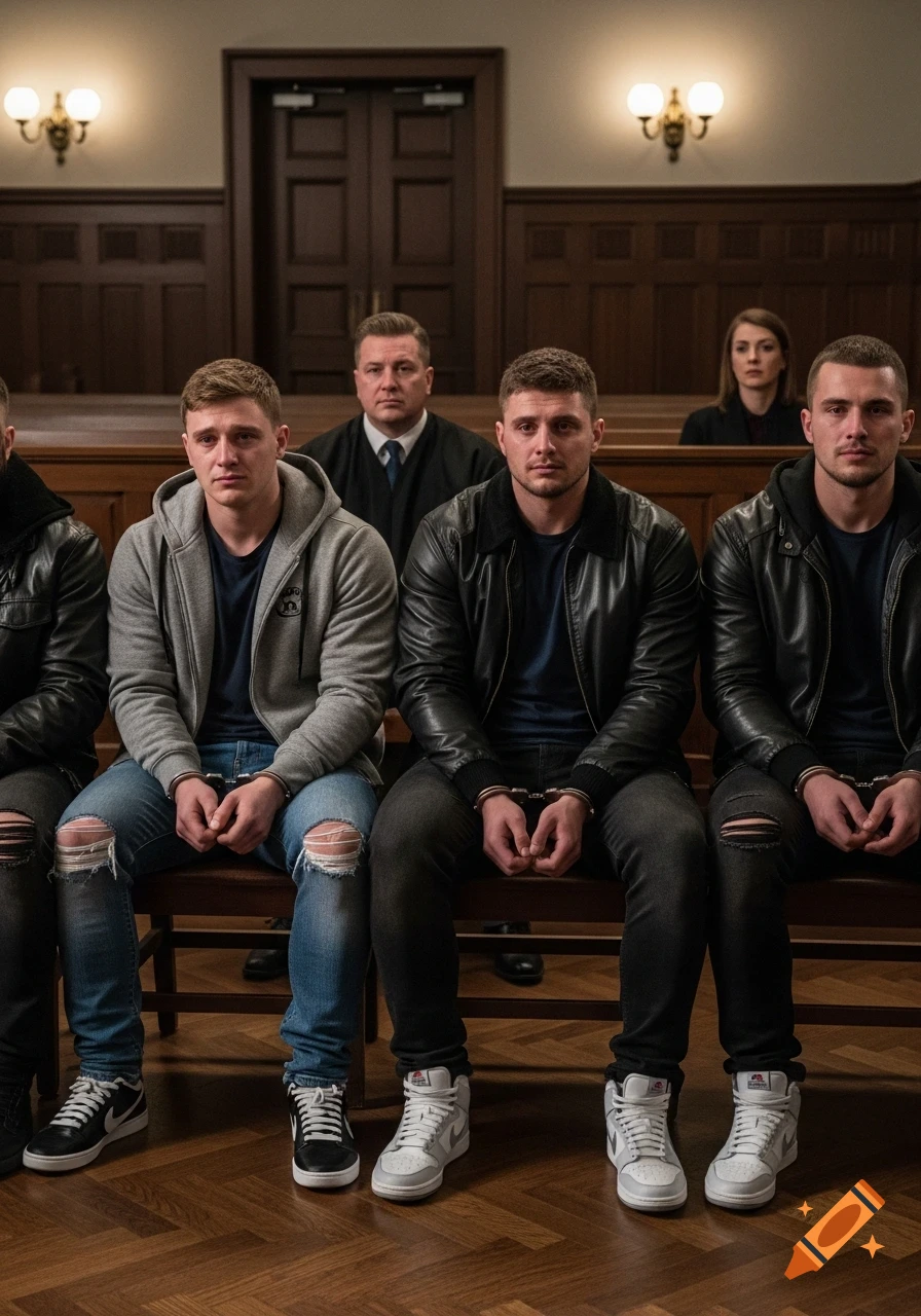 Three young men in casual clothes and handcuffs sit on a bench in a dimly lit courtroom, looking distraught. A judge and another person are in the background.
