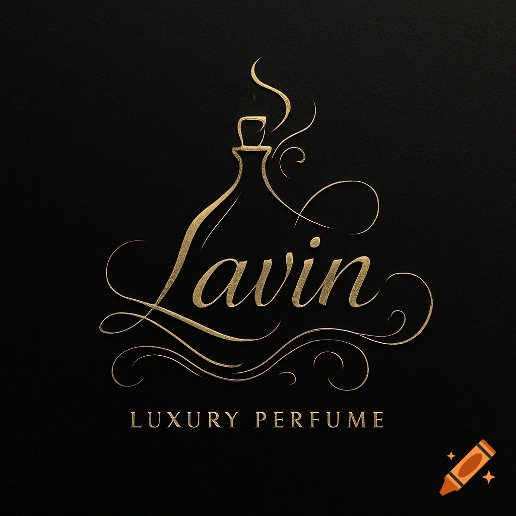 Gold embossed Lavin Luxury Perfume logo featuring a stylized perfume bottle silhouette on a black background.