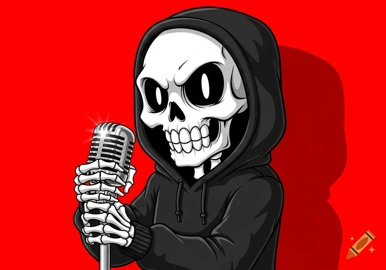 A cartoon skeleton in a black hoodie holds a vintage microphone against a solid red background.
