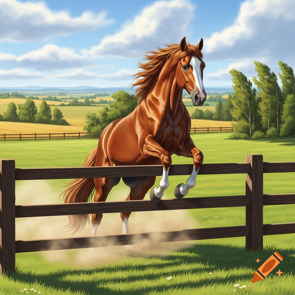 A majestic brown horse with a white blaze leaps over a wooden fence in a lush green field under a blue sky with white clouds.