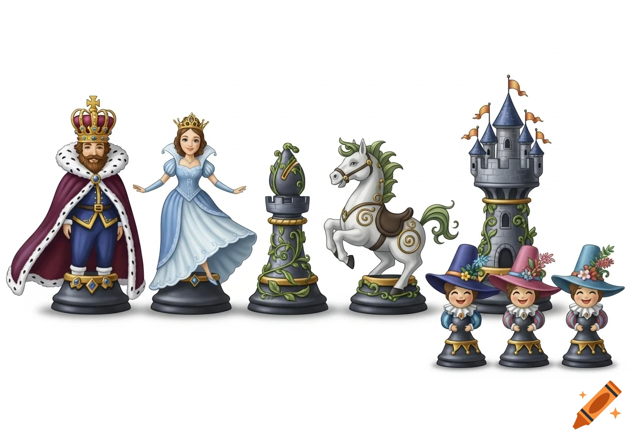 Cartoon-style chess pieces designed as fairy-tale characters: a king, queen, bishop, knight, rook, and three pawns, on a white background.