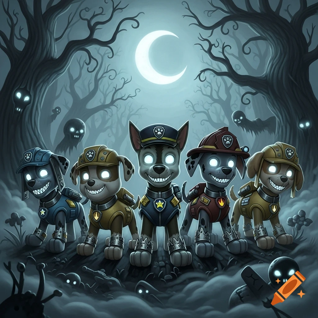 Five cartoon Paw Patrol dogs with glowing eyes and fangs stand in a misty, spooky forest under a crescent moon with ghosts, in a dark, scary style.