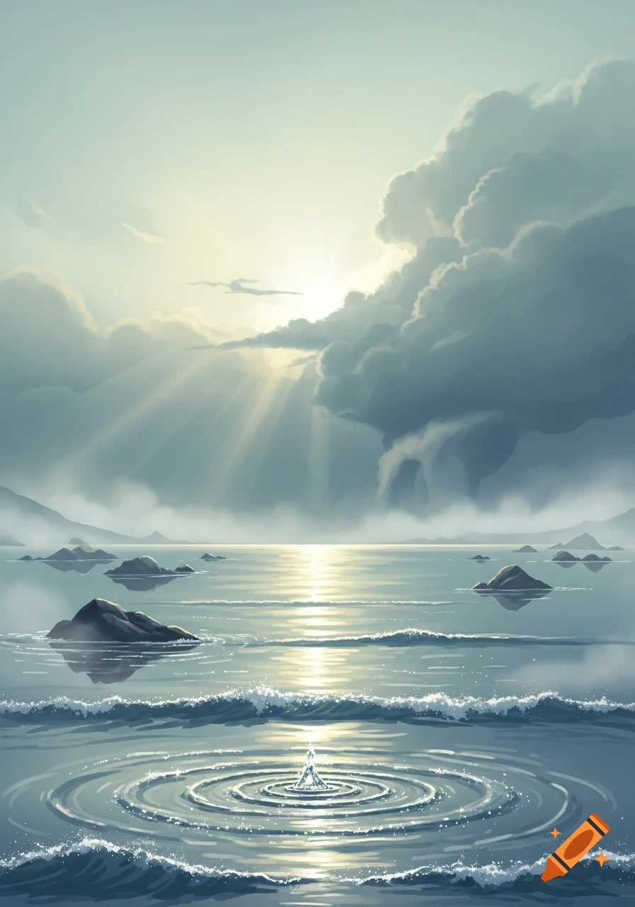 Stylized seascape with a bright sun breaking through dramatic clouds ...
