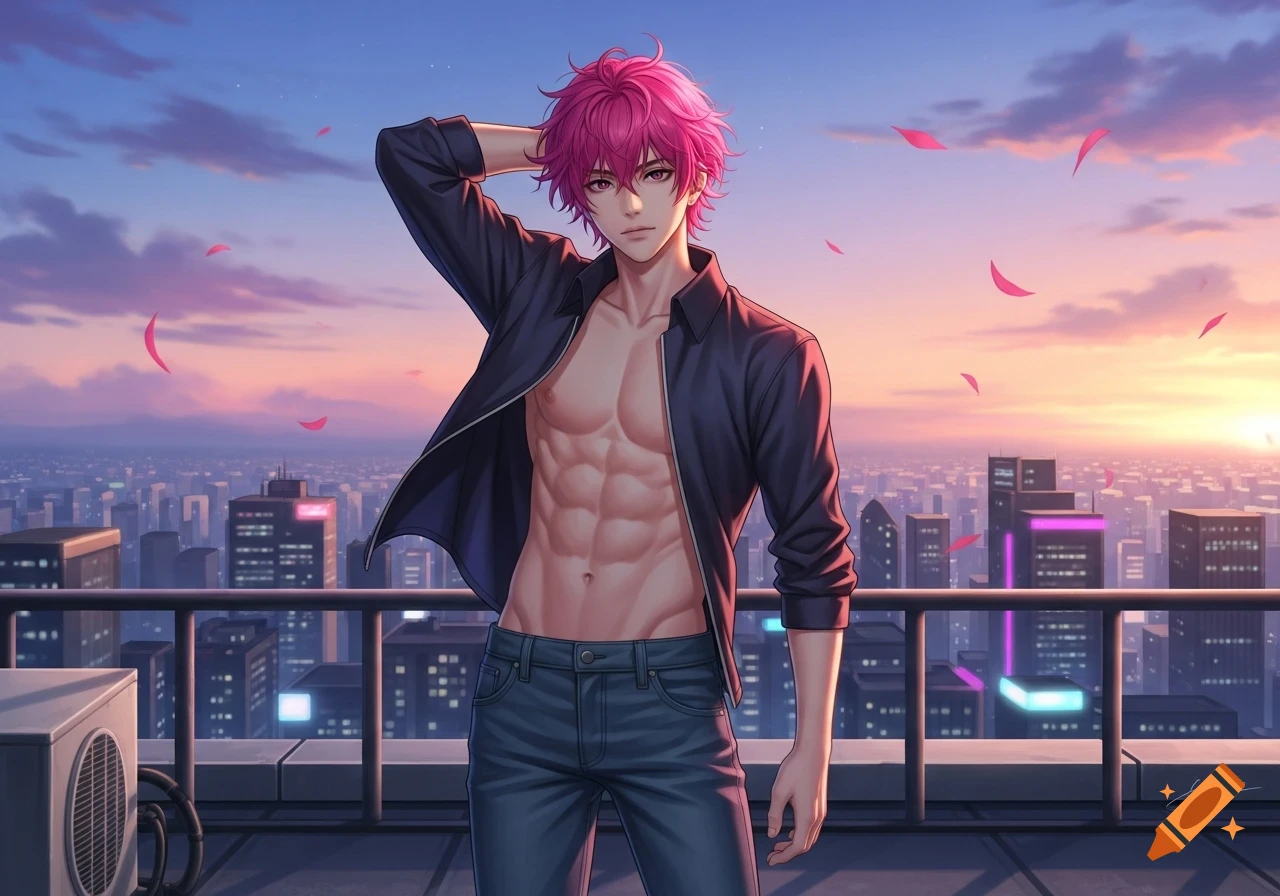 Anime man with pink hair and abs, wearing an open shirt and jeans, on a rooftop overlooking a city at sunset.
