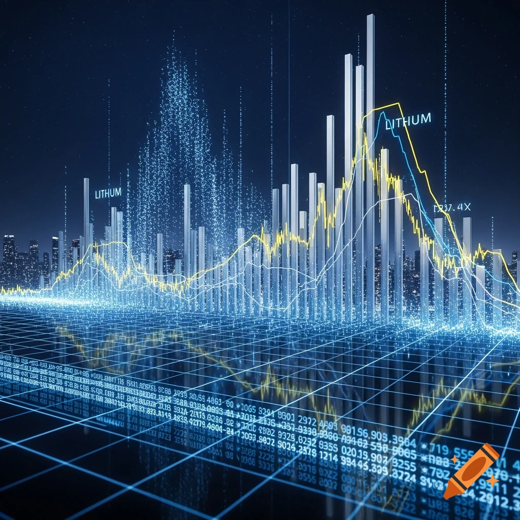 Futuristic digital cityscape with glowing blue and yellow financial graphs and bar charts over a data grid.