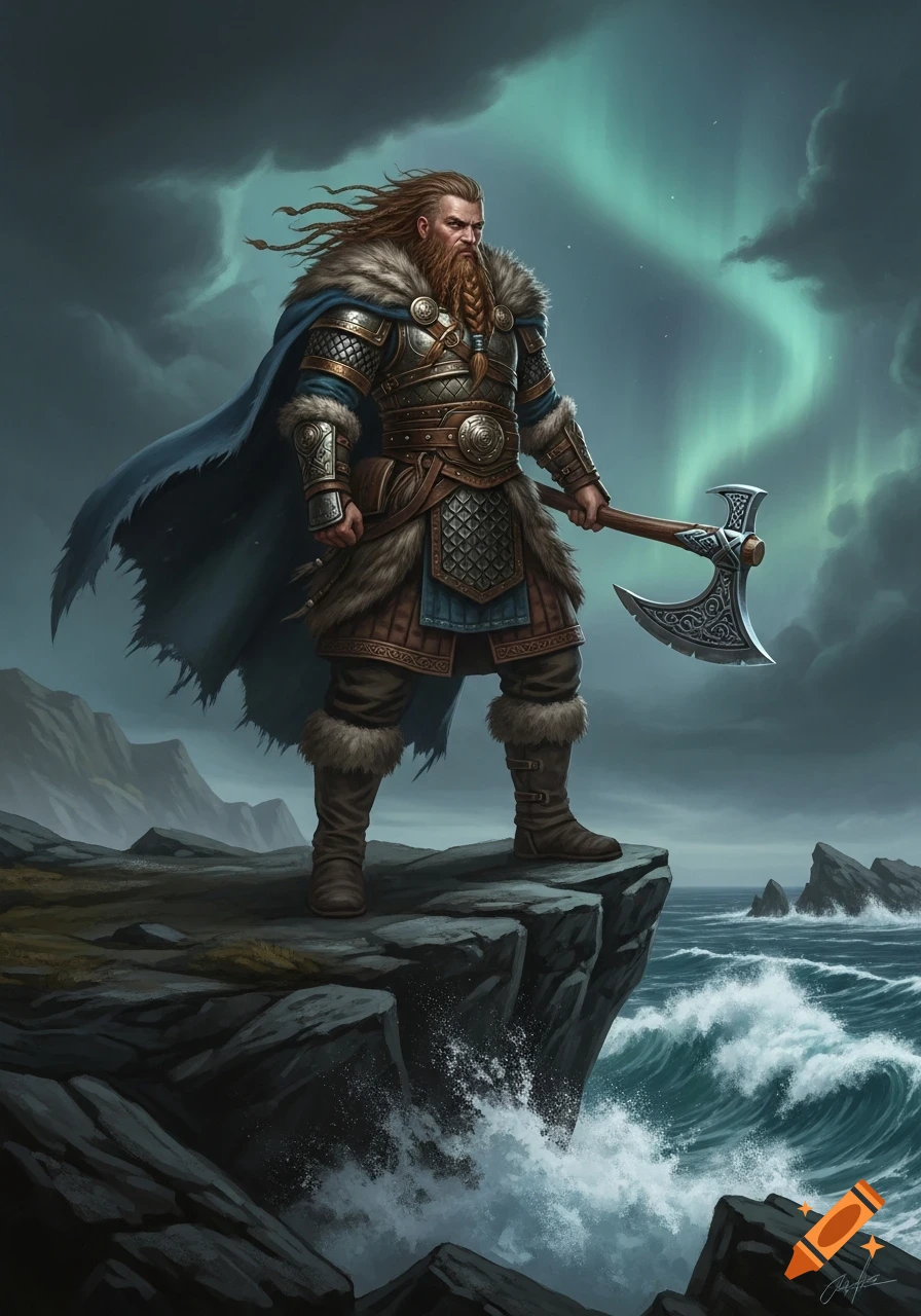 A Viking warrior with a braided beard stands on a rocky cliff holding an axe, overlooking a stormy sea under the Northern Lights.