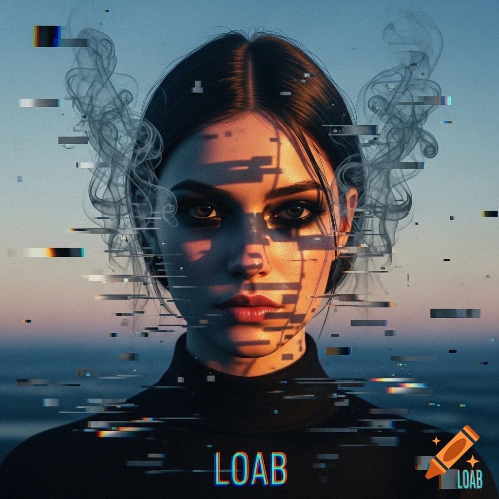 Close-up portrait of a woman with glitch art effects, smoke-like wisps, and the text 'LOAB' at the bottom, against a sunset sky.