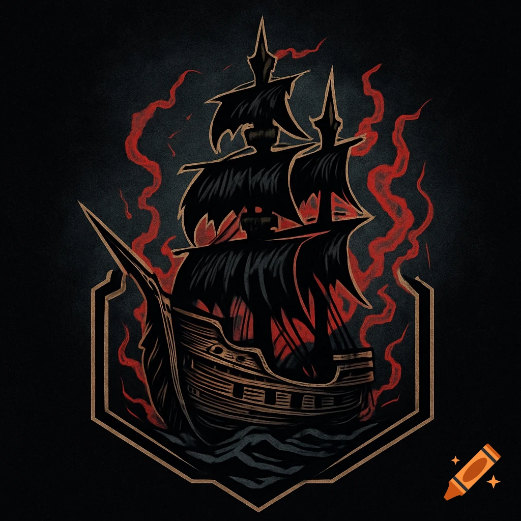 A dark, stylized pirate ghost ship with black sails and red smoke, framed hexagonally on a dark background.