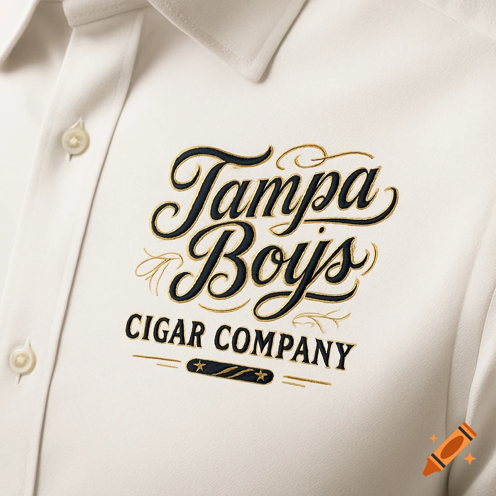 An embroidered 'Tampa Boys Cigar Company' logo on a white dress shirt.