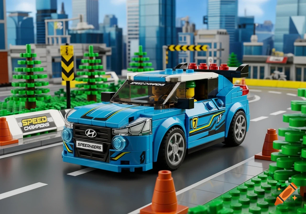 A blue LEGO Speed Champions-style Hyundai Accent brick car with two minifigures, on a LEGO city street with trees and buildings.
