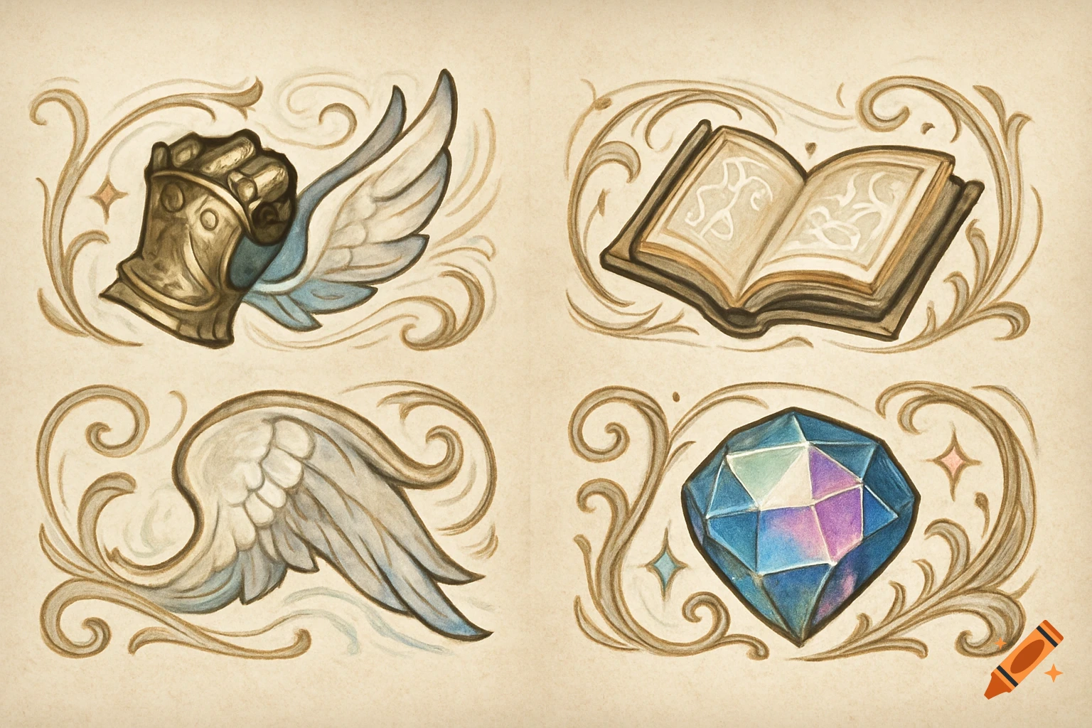 Four stylized fantasy icons on a parchment background: a golden winged gauntlet, an open book with illegible text, a pair of feathered wings, and a multifaceted blue and purple gem, all surrounded by elegant scrollwork.